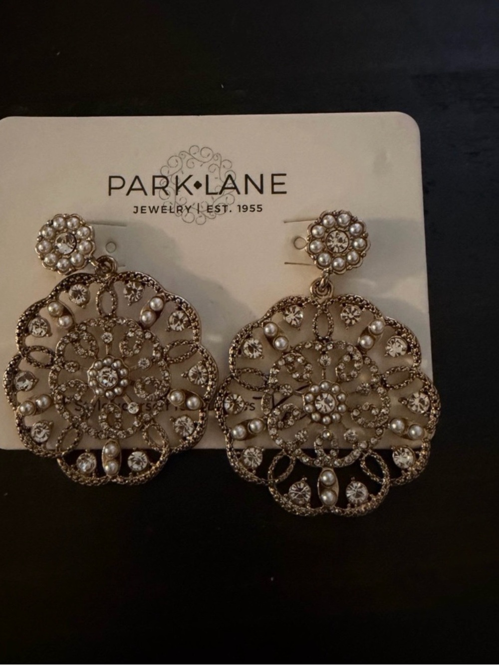 NWT Park Lane Gold Filigree Pearl & Crystal Drop Earrings